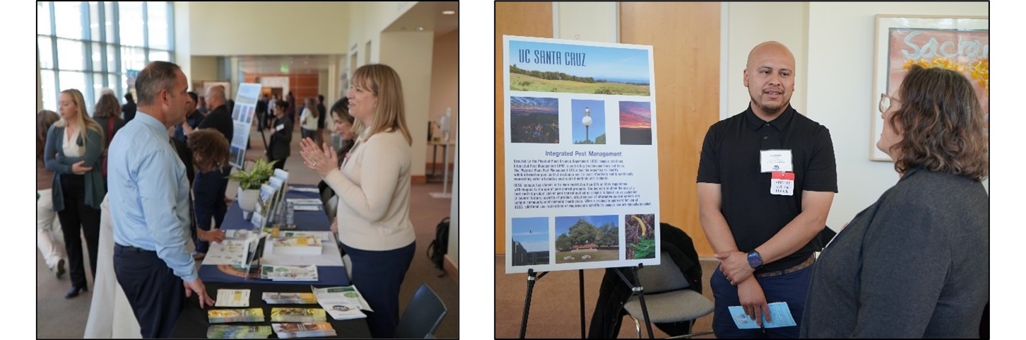 Left: An attendee talks with an exhibitor during this year's IPM Achievement Awards networking event.
Right: 2025 IPM Achievement Awards winner, UC Santa Cruz – Grounds Services showcased their environmental stewardship work for attendees during this year's networking event.